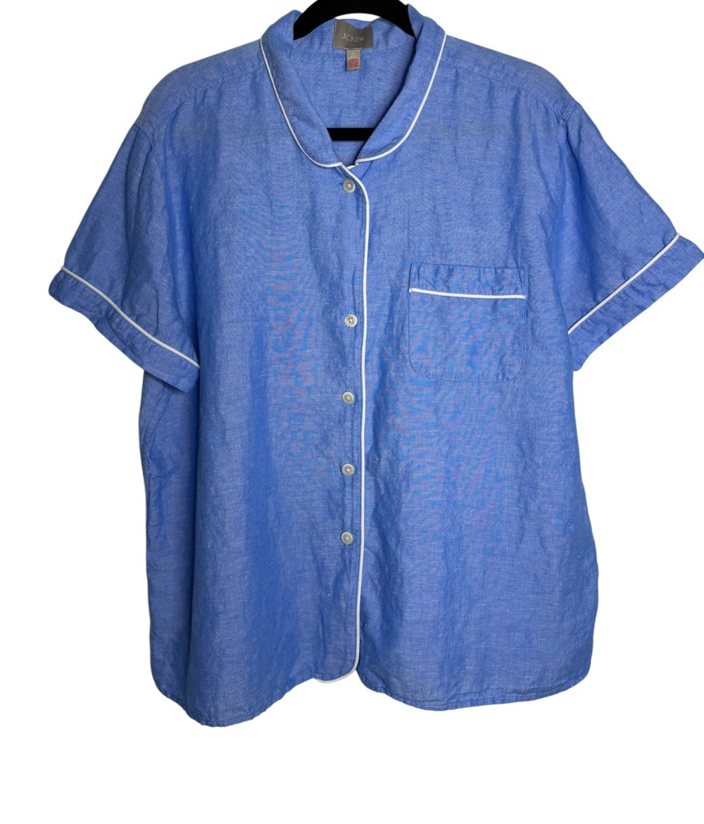 J.Crew Pajama Set Linen Cotton Blue Short Sleeve Top Cropped Pants Women's XL